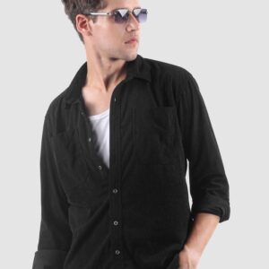 Black Lazer Cut Stripe Textured Corduroy Shirt